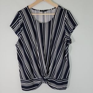 Adrianna Papell Navy and White Striped Knot-Front Top EUC